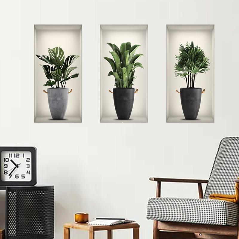 PVC 3D Simulation Green Plant Potted 3D Wall Stickers Living Room Background Study Office DIY Waterproof Decorative Stickers
