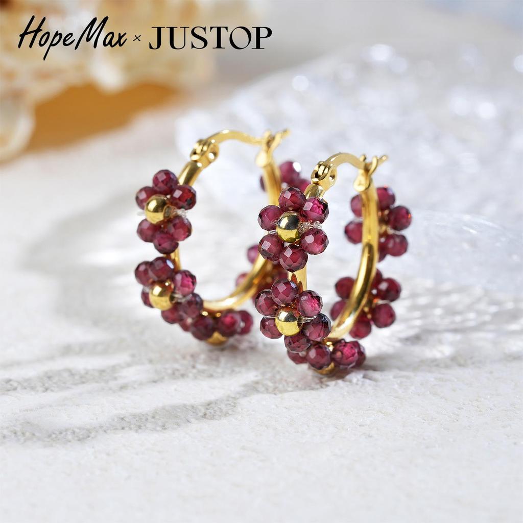 Серьги-кольца с гранатовыми бусинами JUSTOP - Французская ниша, Глубокий винно-красный, Нержавеющая сталь с золотым покрытием