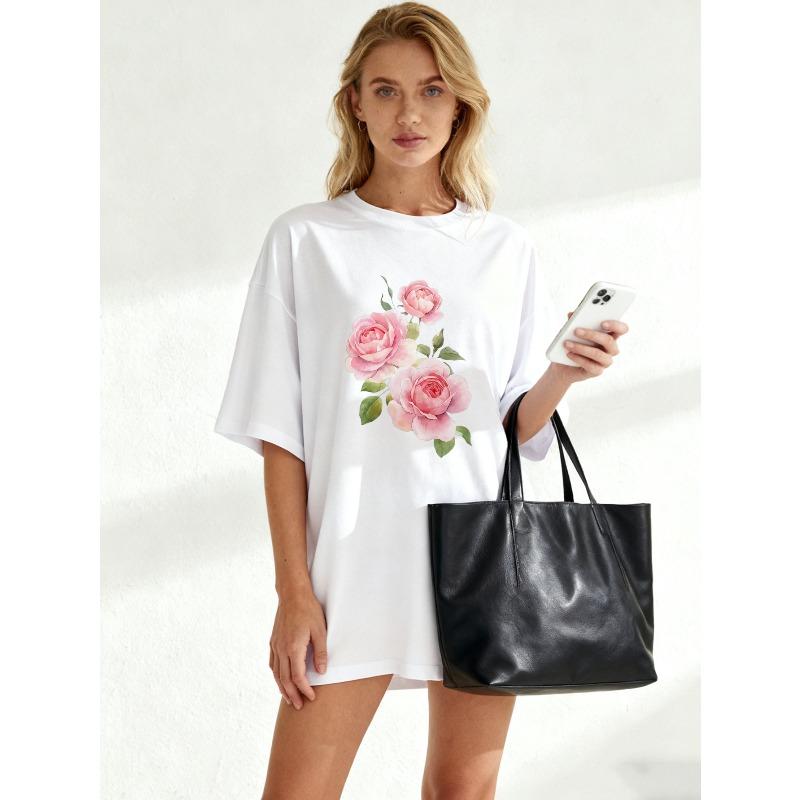 Oversized T-Shirt Black Rose Floral Print Casual Wear