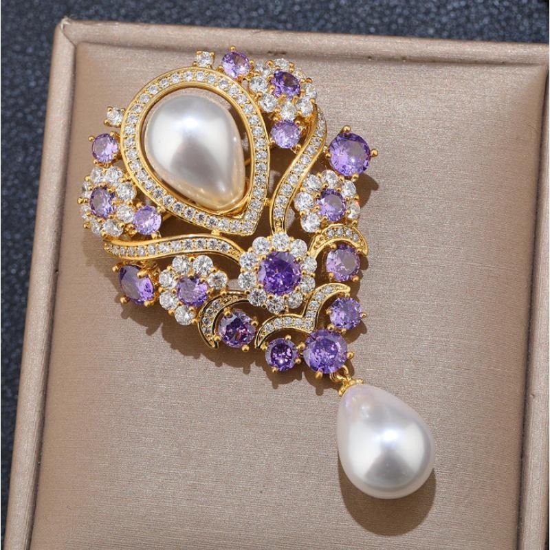 Charming Violet Pearl Pendant Brooch with Rhinestone for Evening Gown Accessory