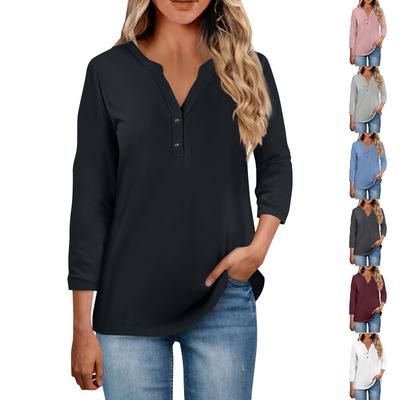 Женские топы с воротником на пуговицах, женские повседневные топы с рукавом 3/4 и v-образным вырезом, модные рубашки с принтом, топы, футболки с карманами
