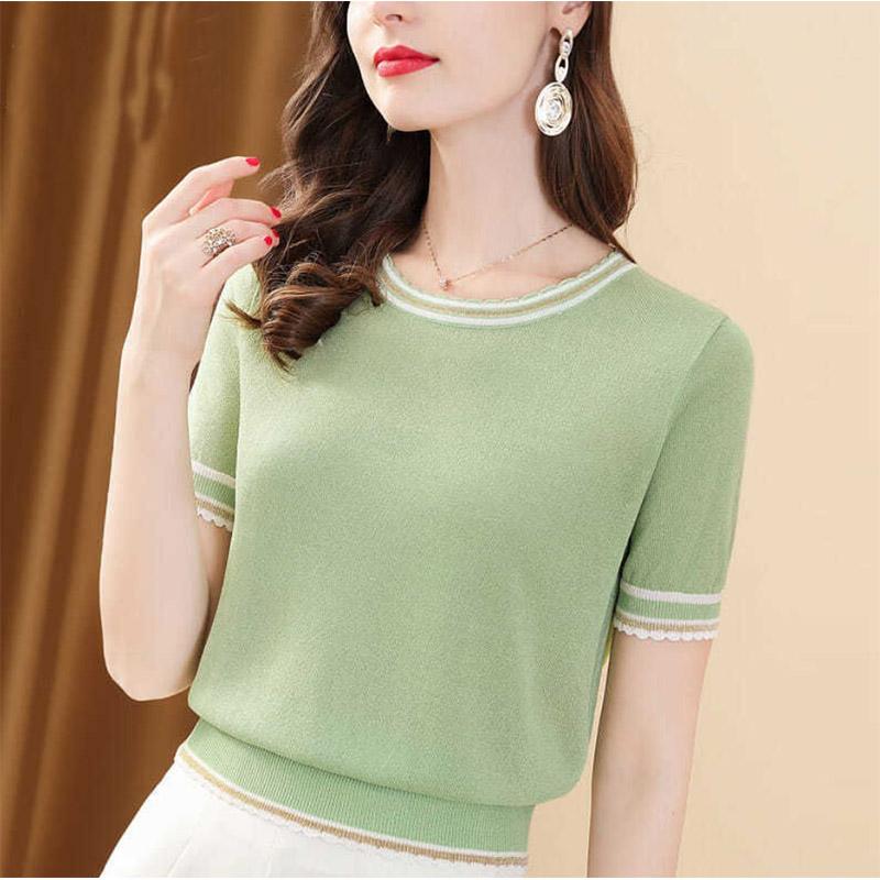 Футболка из ледяного шелка, женская футболка с короткими рукавами и круглым вырезом, яркий шелковый свитер, тонкая рубашка в западном стиле, соответствующая цвету