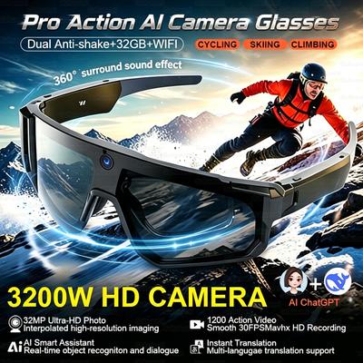 Мужские умные спортивные очки с HD-камерой 32 Мп, Bluetooth-звонки, 360° звук, солнцезащитные очки для велоспорта, ИИ-помощник, стабилизация изображения, новые