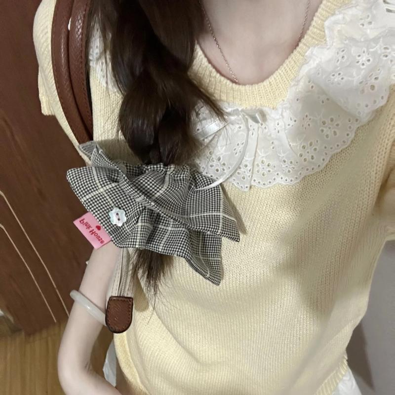 Женская летняя рубашка с короткими рукавами и кружевным бантом во французском стиле