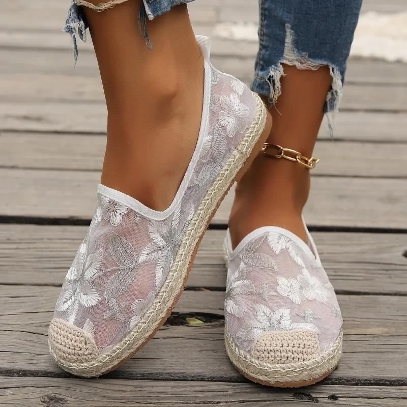 Large Size Single Shoe Women's 2024 Summer New Lace Mesh Hollowed Out Women's Flat Bottomed Fisherman's Shoes Flat Shoes Women