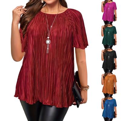 Футболки для женщин, плиссированные, с R-образным вырезом, нарядные, повседневные, блузки с принтом, короткие рукава, летние топы, свободный крой