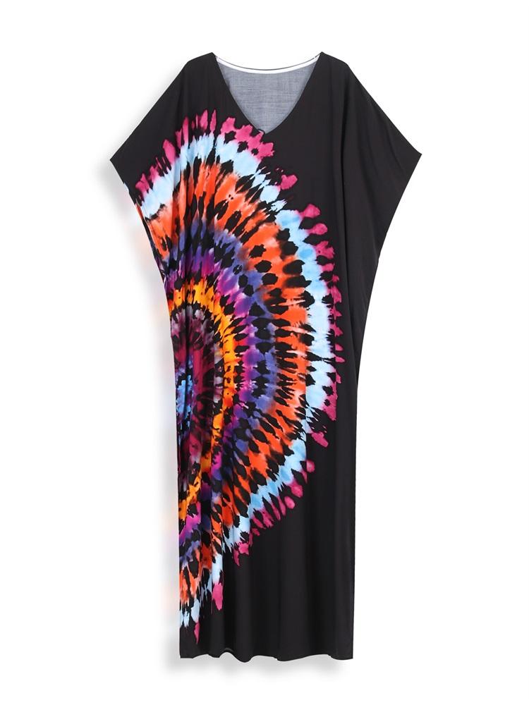 EDOLYNSA Oversize Kaftan Dresses For Women Bohemian Printed V-neck Beach Long Dress Summer Vacation Swimsuit Coverup Cozy Loose House Dress