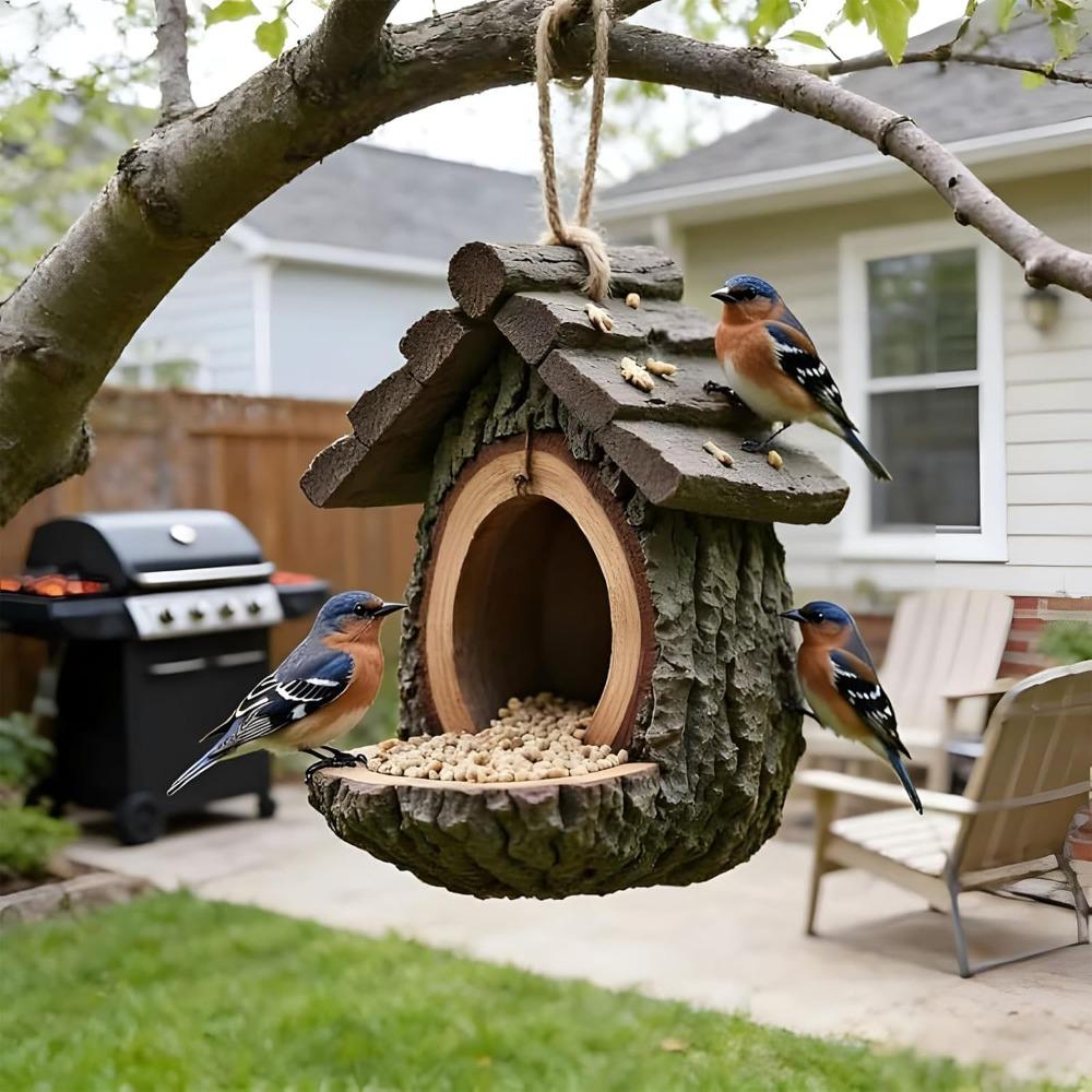 Handcrafted vintage treehouse-shaped bird feeder, outdoor bird feeder, waterproof resin tree hanging sculpture, open birdhouse with seed tray.