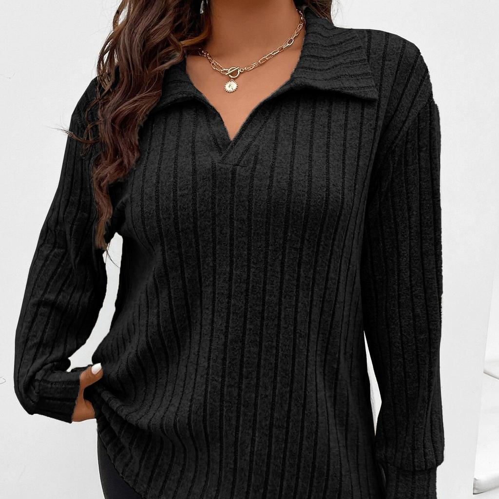 GMXIA Женская мода, повседневная футболка большого размера с однотонным принтом, осень-зима, с длинным рукавом, v-образным вырезом, матовая футболка с полосками, свободные свитера