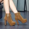 Women High Heel Ankle Boots Platform High Heels Shoes Fashion Round Toe Buckle Fall Winter Suede Women Short Black Size 34-48