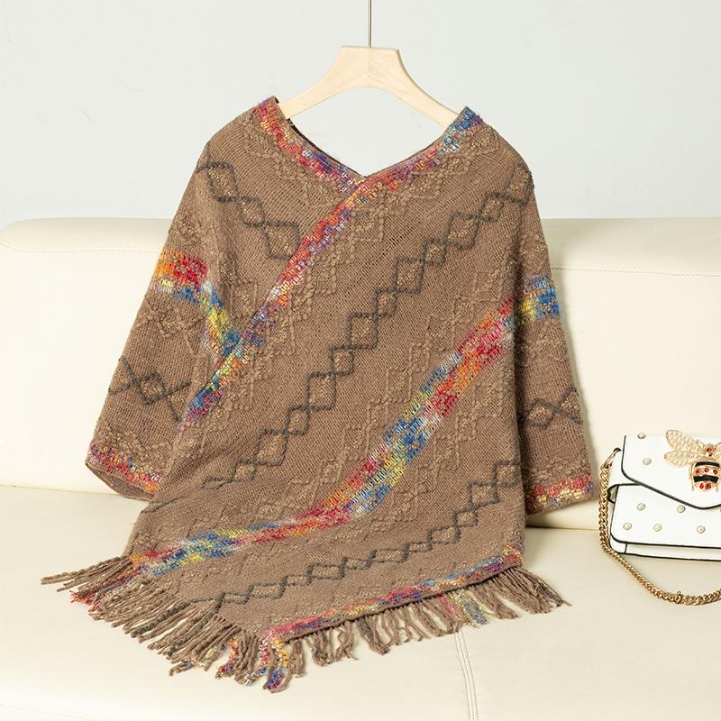 Women's Autumn and Winter Large Size V-neck Casual Cape Colorful Striped Tassel Knitted Shawl Sweater Jacket 7 Colors