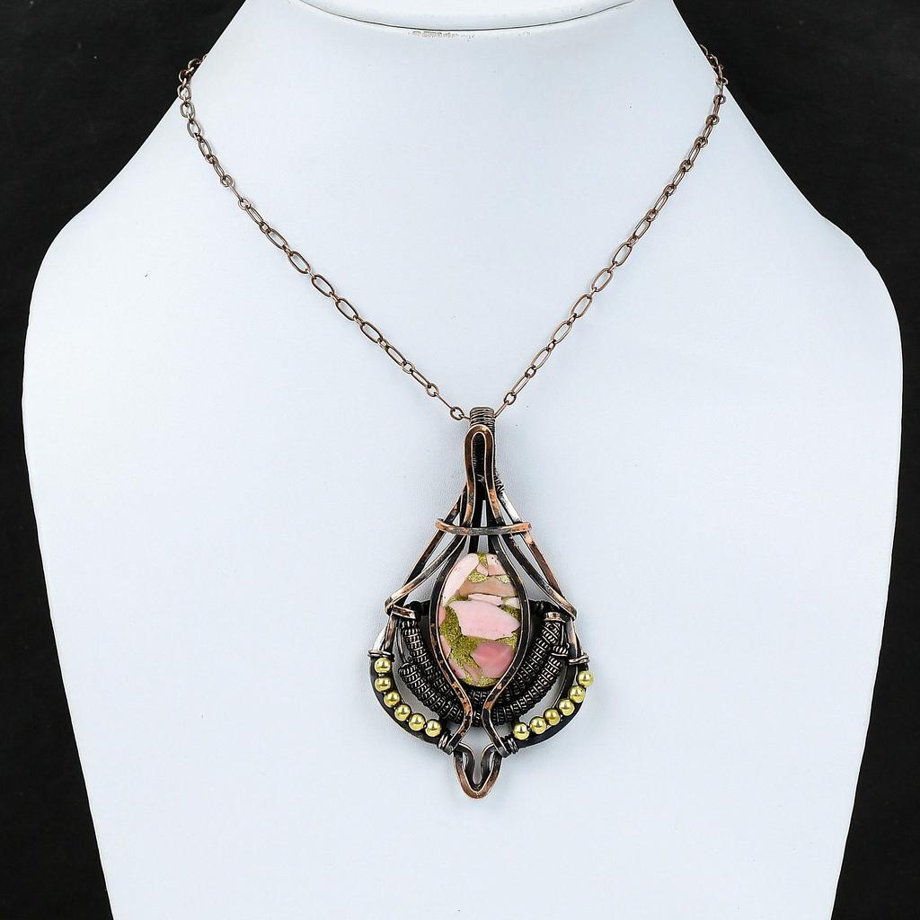 Медный розовый опаловый кулон, обмотанный медной проволокой, ювелирное изделие, натуральный драгоценный камень, антикварное украшение ручной работы, обмотанный медной проволокой, кулон в подарок для него