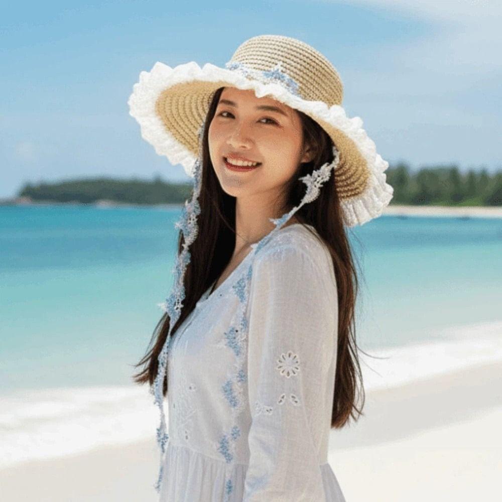 Breathable Vacation Beach Cap with Garland Woven Sun Cap Big Brimmed Straw Hat Masquerade