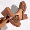 Large Size One-word Cool Slippers Summer New Solid Color Woven Hollow Square Head High Heels Thick-soled Thick-heeled Slippers