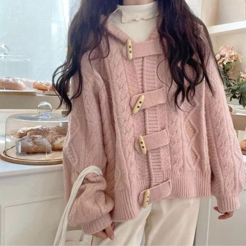 Toggle Buttons Women's Sweater Solid Hooded Cable Knit Texture Long Sleeve Cardigan Autumn New Version Loose Sweet Woman Top