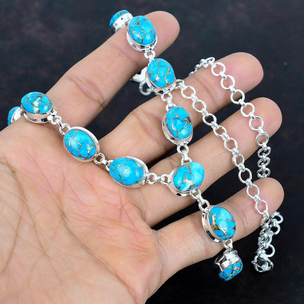 Ожерелье из меди и бирюзы, ожерелье из стерлингового серебра 925 пробы, регулируемая цепочка, драгоценный камень, уникальное ювелирное изделие, ожерелье ручной работы, подарок для нее