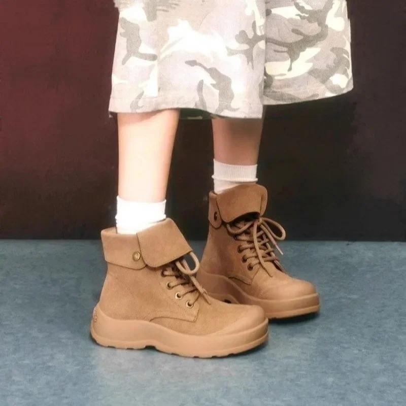 Мода 2024 года, модная обувь, женские ботинки на шнуровке, женские зимние ботинки с круглым носком, замшевые, однотонные, короткие, на низком каблуке, женские ботинки Zapatos De Mujer