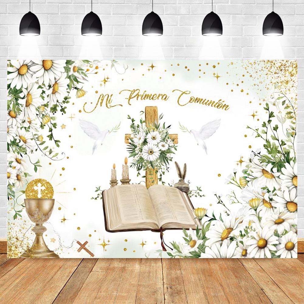 Backdrop decoration for first communion, baby shower (girl/boy), birthday, baptism, with cross and inscription 'God bless', po3
