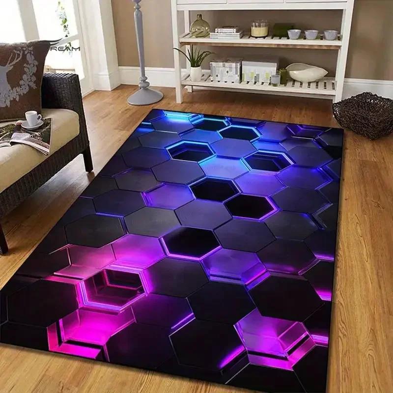 VIKAMA 3D Hexagon Neon Gaming Area Rug, Non-Slip Blue Purple Floor Carpet for Gaming Room, Bedroom & E-Sport Decor