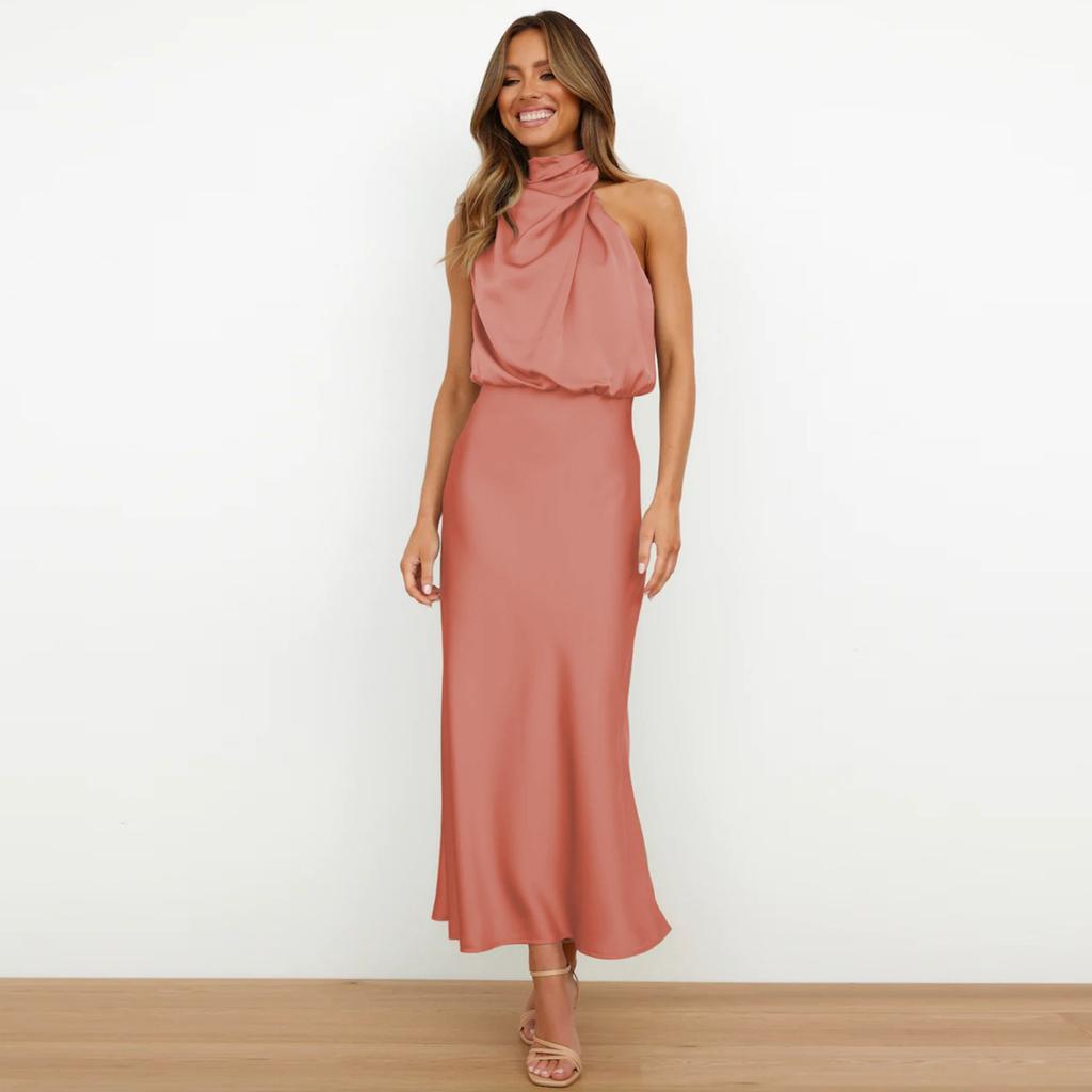 Женские коктейльные платья без рукавов с воротником-стойкой и эластичной резинкой на талии для вечеринки, свадьбы, для гостей, атласное платье средней длины с высоким разрезом