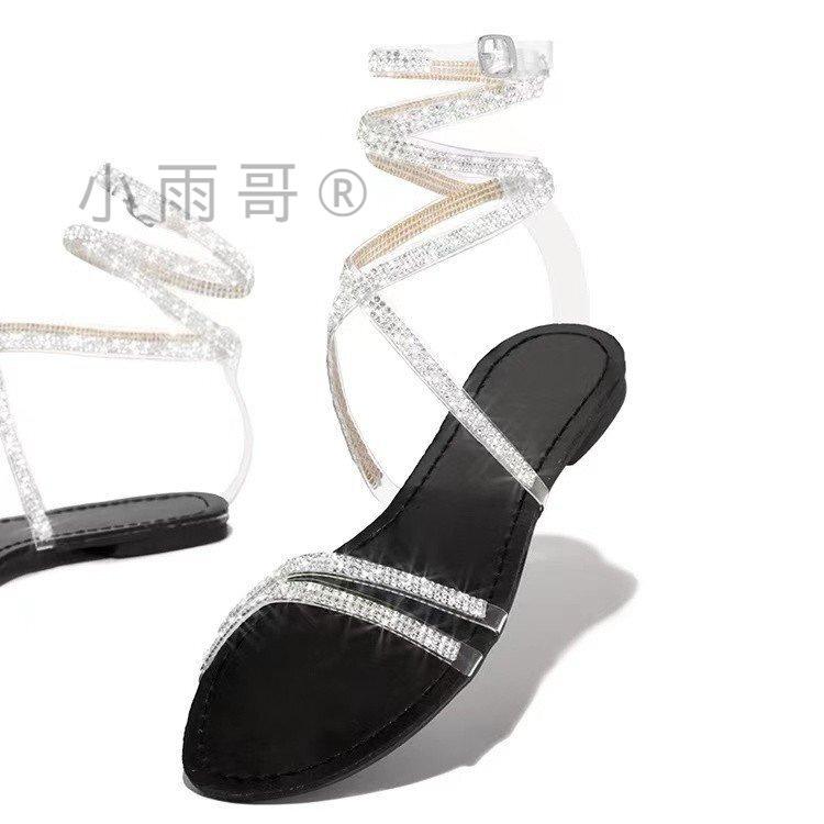2021 Summer European and American Foreign Trade Rhinestone Flat Sandals Women's Winding Belt Women's Shoes Strappy Sandals