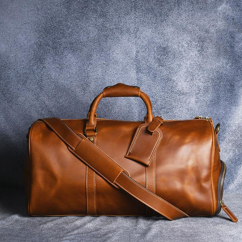Crazy Horse Leather Travel Bag Luxury Genuine Leather Men Women Travel Bag Cow Leather Carry On Luggage Bag Weekend Duffle Bag