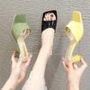 2025 Summer New High-end One-character Medium-heeled Cool Slippers for Women Wearing European and American Square Head Open-toed High-heeled Slippe