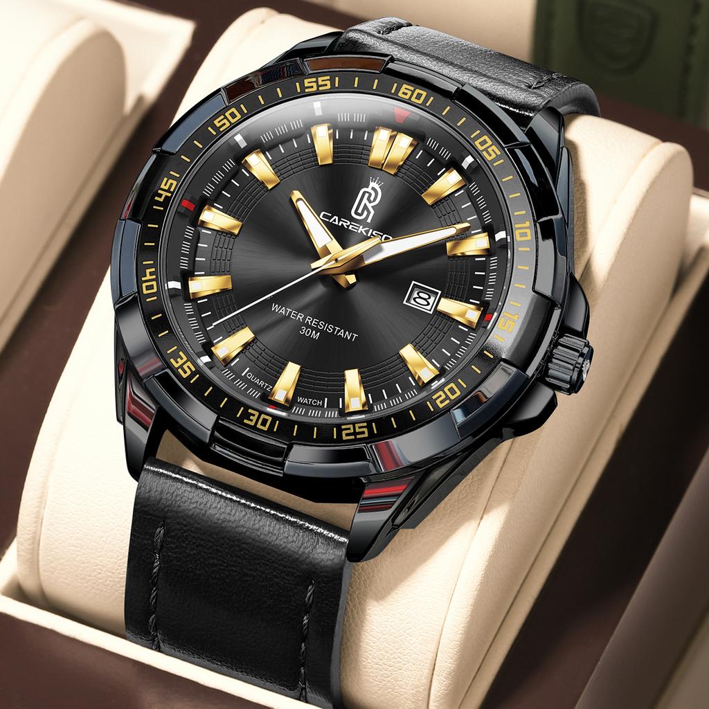 CAREKISO Business Luxury Men's Clock Waterproof Luminous Date Men Wristwatch Sports Leather Quartz Fashion Watches For Man Reloj
