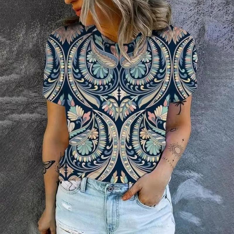 Elegant Women's T-shirt Fashion Retro Flower 3D Pattern Print T-shirt Women's Short Sleeved T-shirt Summer Leisure T-shirt