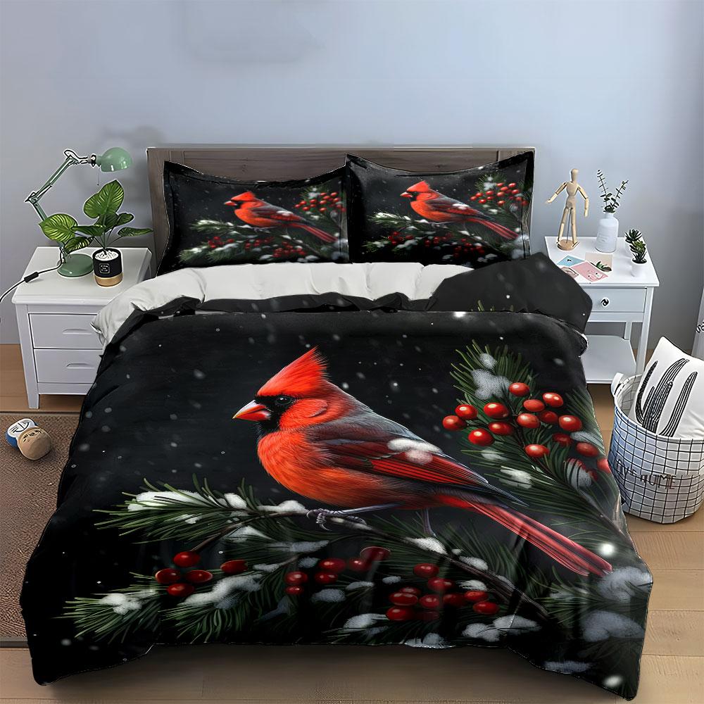 Cardinal Bird on Snowy Branch Bedding Duvet Cover Set (1*Duvet Cover 2*Pillowcases, without duvet insert)