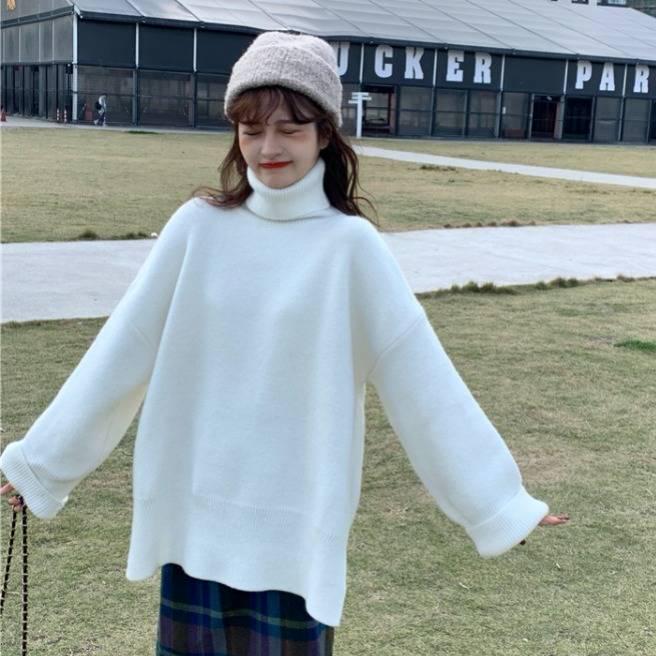 Зимний толстый свитер с высоким воротником, женский свободный пуловер, однотонный вязаный свитер с разрезом