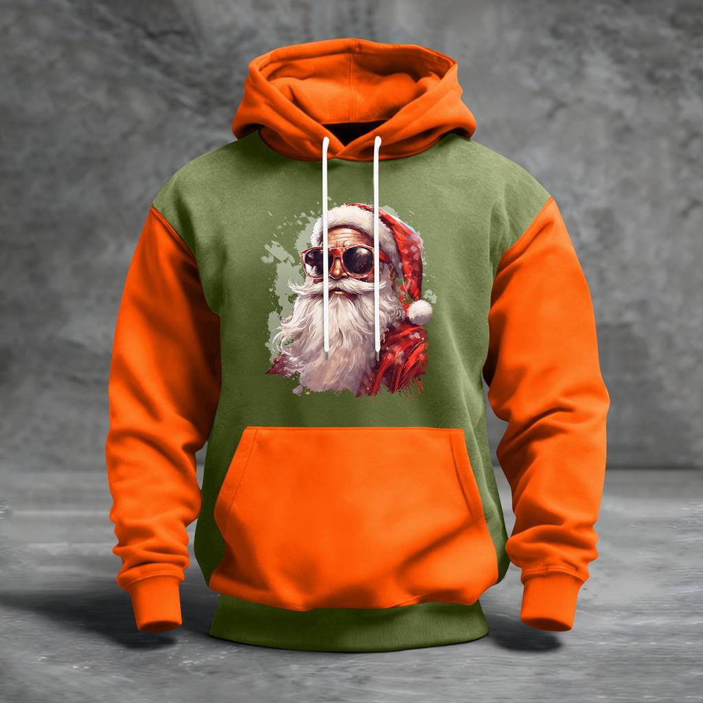 Мужской рождественский свитшот с капюшоном, повседневный, спортивный, удобный, с цветными блоками и принтом