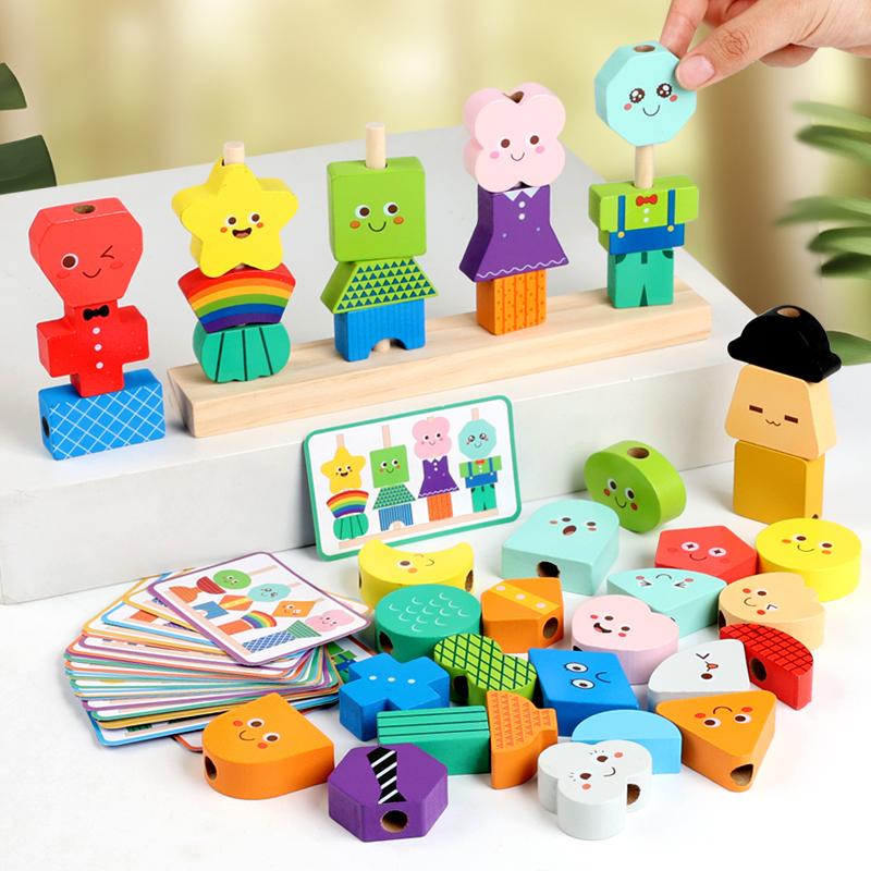 Wooden Expression Block Stacking Matching Game Montessori Parish Toys Shape Color Cognition Sorting Fine Motor Skills Education