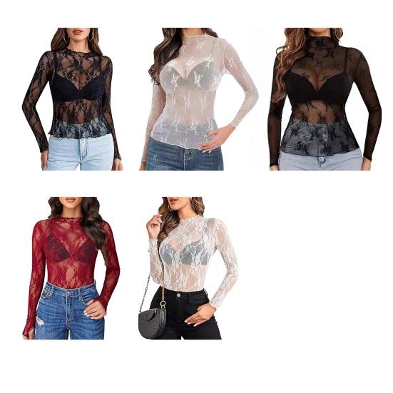 Женские топы с воротником-стойкой, длинными рукавами, облегающие блузки, сексуальные прозрачные сетчатые рубашки с цветочной вышивкой