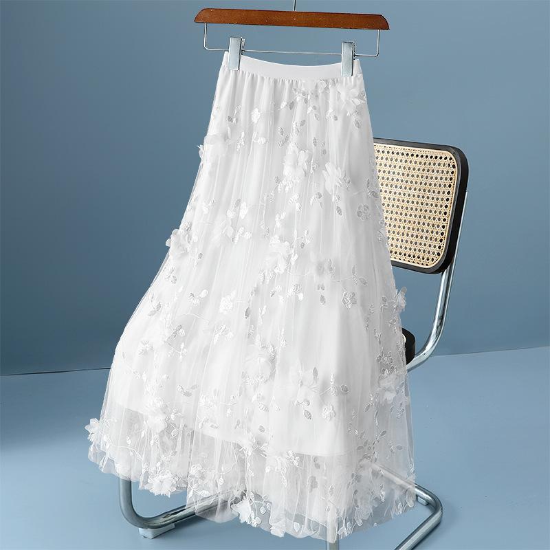 Роскошные женские юбки в корейском стиле, модные эластичные пояса с аппликациями и вышивкой, сетчатая юбка с цветочным принтом, длинная газовая бальная юбка
