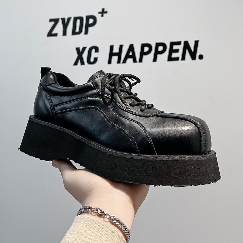 Mickey Big Head Derby Shoes Men's Tide Thick Sole Heightened Dark Advanced Sense Muffin Versatile Casual Leather Shoes 20243-E