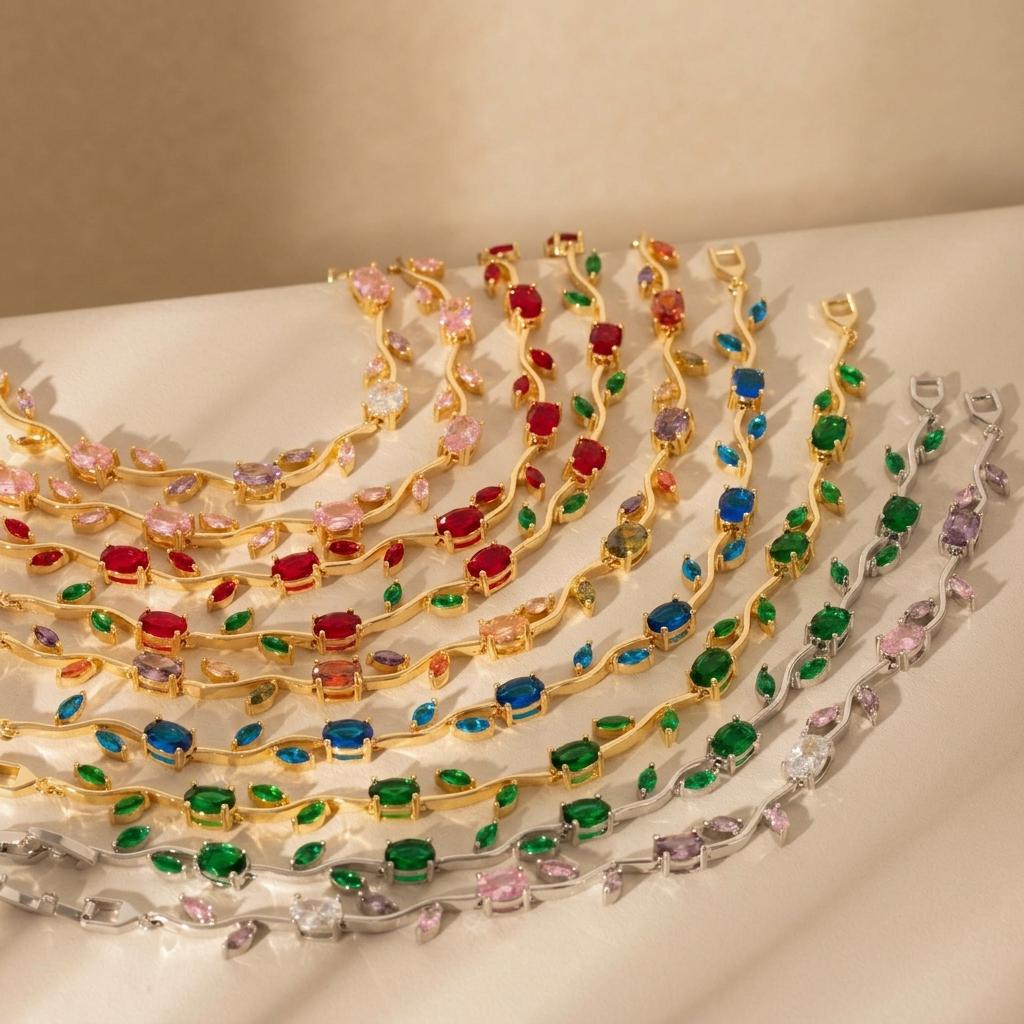 316L Stainless Steel Bracelet, Wavy Link Chain with Oval Zircon Rainbow Multi Color Gold Silver Tone Waterproof Gift for Her