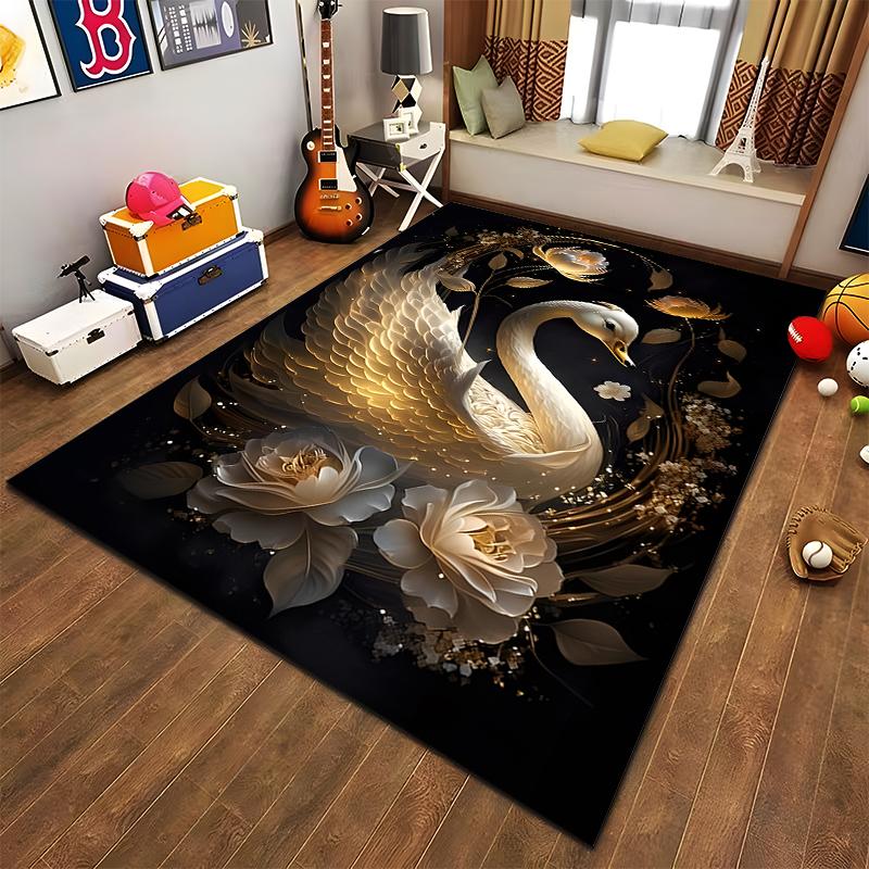Elegant Swan and Floral Design Carpet with Golden Accent Pattern Suitable for use as an anti-slip for living room bedroom sofas