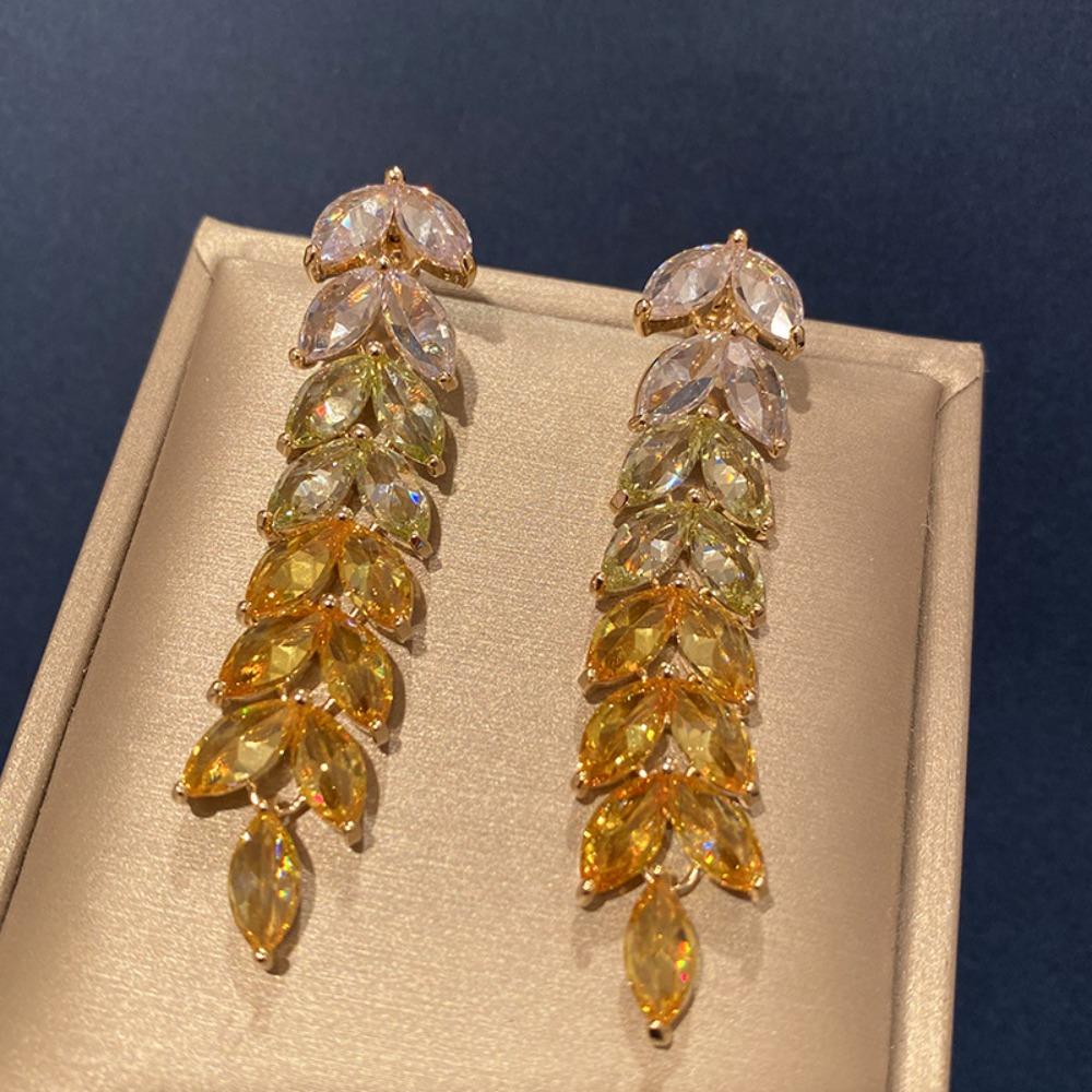 Fashionable Gradient Gold Wheat Drop Earrings Long Tassel Design Silver Plated Zircon Stud Earrings
