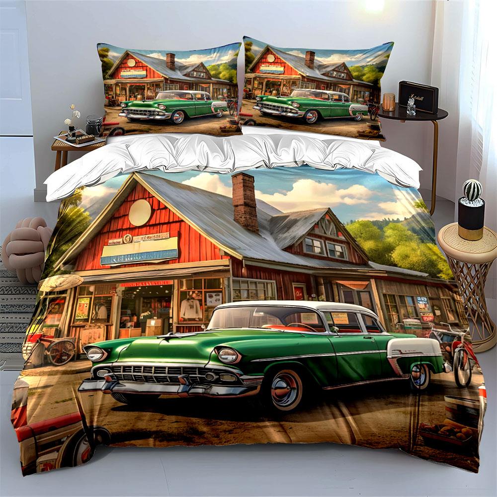 Classic vintage car by countryside store Print Bedding Set 1 Duvet Cover 2 Pillowcases for Adult and Children Luxury Gift