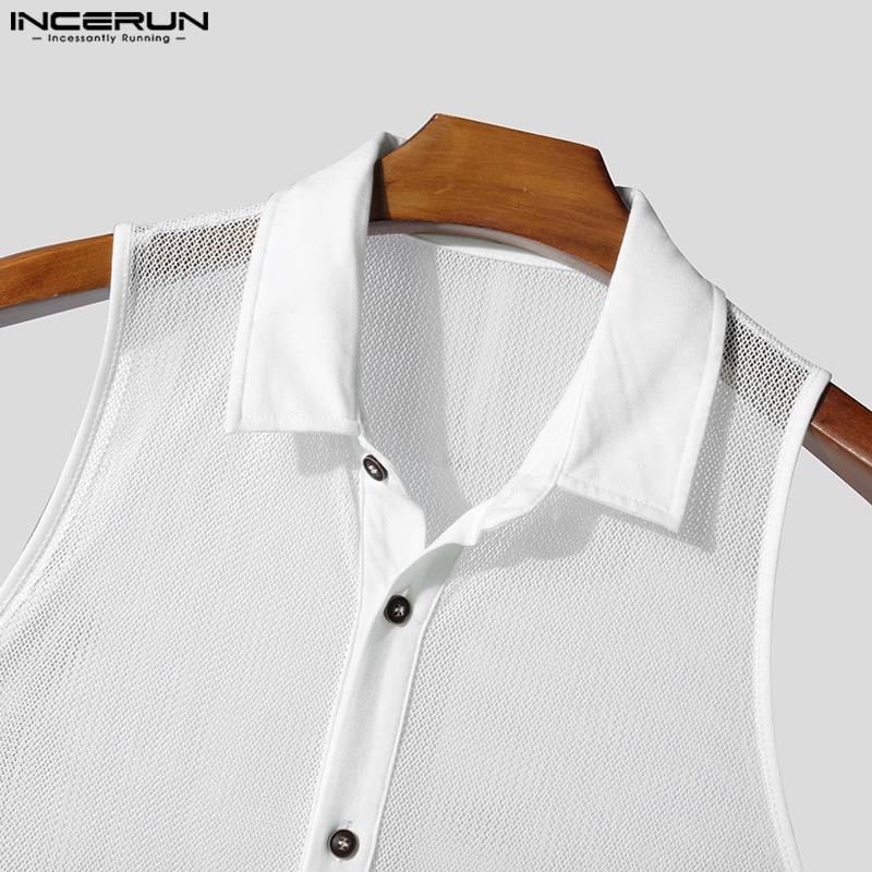 INCERUN Summer Men Lapel Sleeveless Mesh See Through Party Cropped Tank Tops