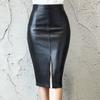 Women Skirt High Waist Back Slit Design Faux Leather Midi Skirt Solid Color Hip-Hugging Style Black Skirt Party Wear