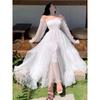 Elegant Maxi Dresses For Women White Off Shoulder Puff Long Sleeve Elastic High Waist Party Gown Ruffle Holiday Dress