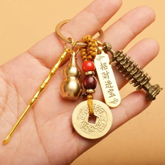 Винтажный брелок-подвеска в виде тыквы на удачу, брелок-кошелек из цельной латуни с монетами, брелок-подвеска в стиле фэн-шуй, привлекающий богатство