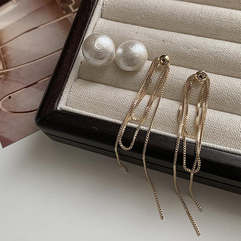 Korean Fashion Imitation Pearl Dangle Earrings Elegant Round Shape Chain Tassel Drop Earrings For Women Bridal Earrings Party Jewelry