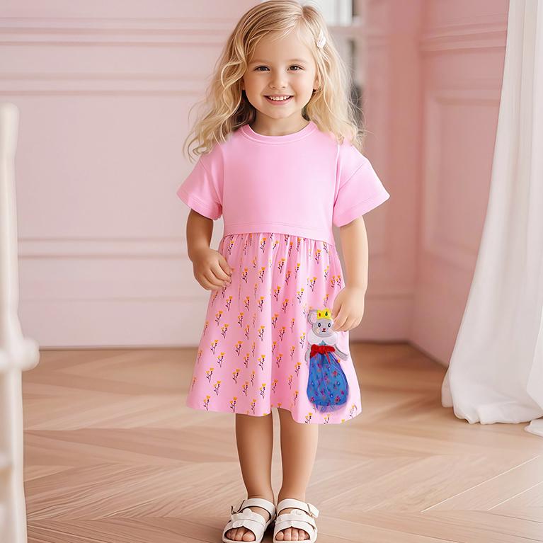 2025 летнее чистое хлопковое повседневное платье с вышивкой из мультфильмов, свободная юбка с коротким рукавом, милые розовые платья для девочек, детская одежда