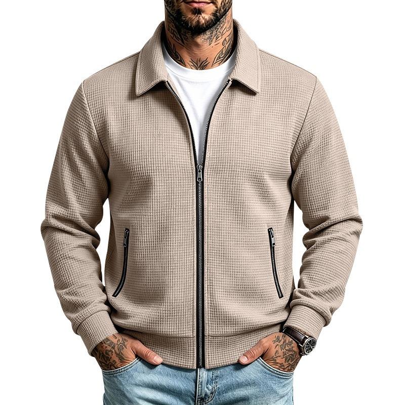 Men S Loose Fit Lapel Zip Pocket Waffle Knit Jacket