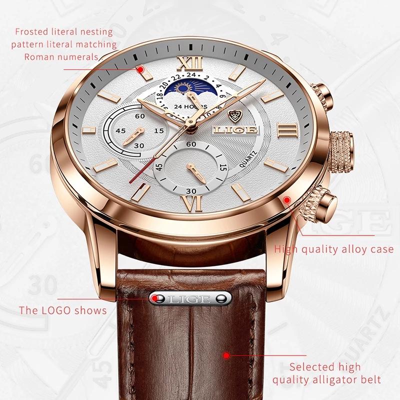 2021 LIGE Watches Mens Top Brand Luxury Clock Casual Leathe 24Hour Moon Phase Мужские часы Спортивные водонепроницаемые кварцевые хронографы + коробка