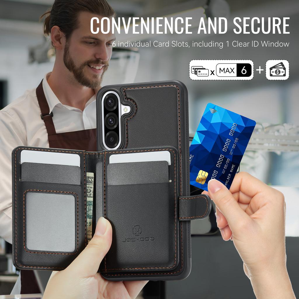 For Samsung Galaxy A26 5G Case JEEHOOD J09 RFID Blocking Card Holder Leather Back Phone Cover Magnetic Case