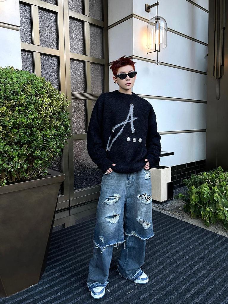 Американские рваные джинсы в стиле хип-хоп для мужчин, прямые, потертые джинсы, свободные, повседневные, ретро, джинсовые брюки 2000 года